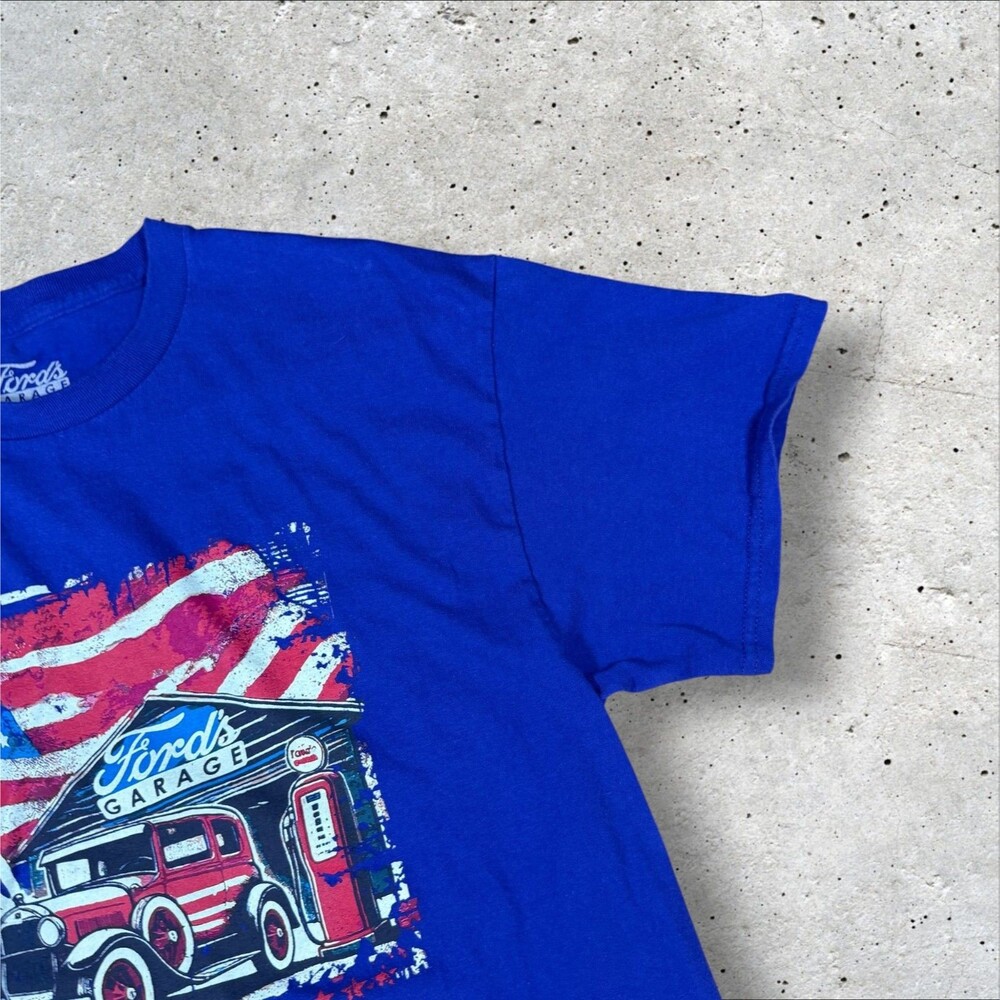 Fords Garage T Shirt Mens Large L Royal Blue US Flag Graphic Car Tee Classic - Picture 2 of 8